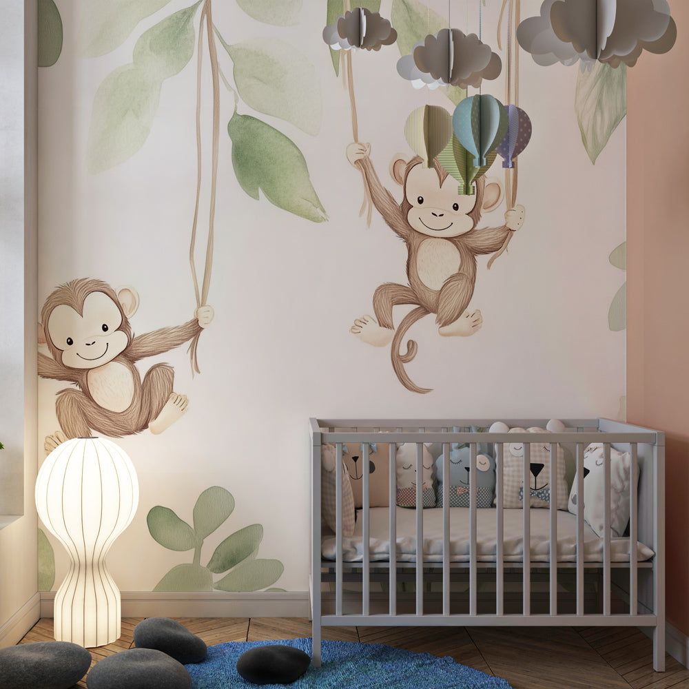 Green monkey jungle wallpaper transforming children's bedroom into tropical paradise