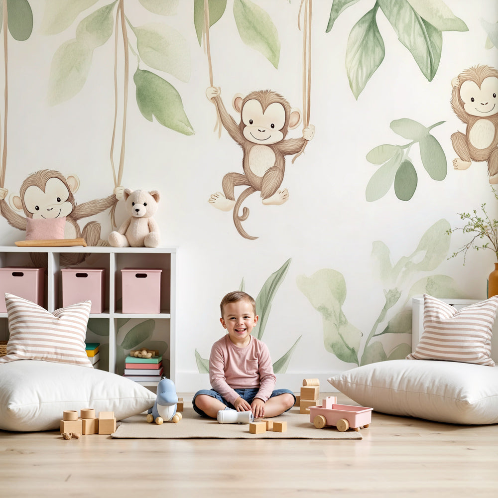 Tropical monkey mural wallpaper creating lush jungle nursery decor by Kids-Mundo