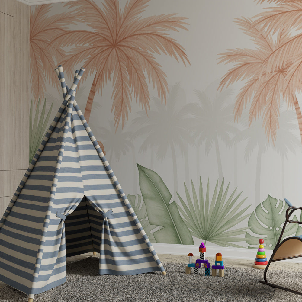 Playful monkey and palm tree wallpaper creating serene tropical atmosphere in kids bedroom