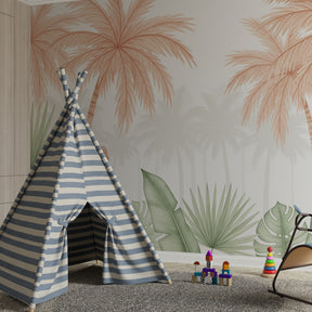 Playful monkey and palm tree wallpaper creating serene tropical atmosphere in kids bedroom