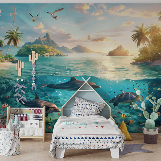 Kids-Mundo dolphin and sea turtle wall mural in an ocean-themed kids' bedroom setting.