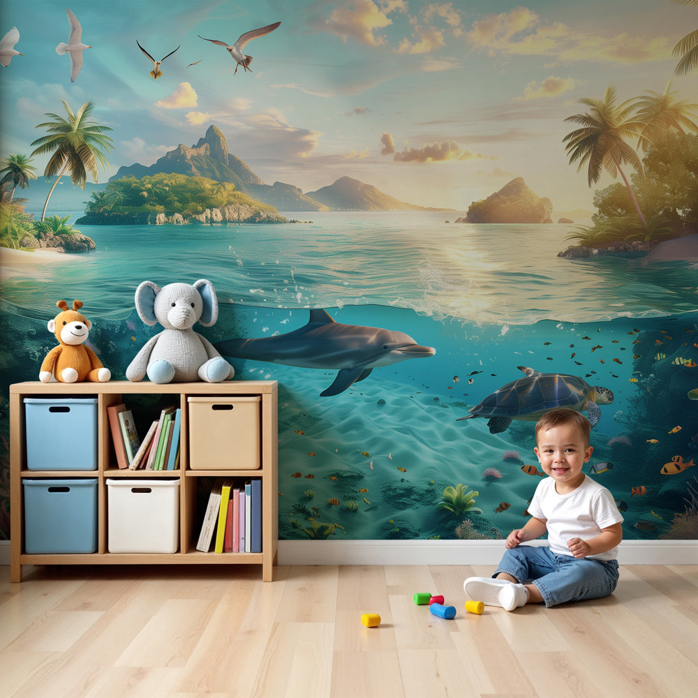 Kids-Mundo tropical ocean wall mural styled in a coastal-themed nursery with dolphins.