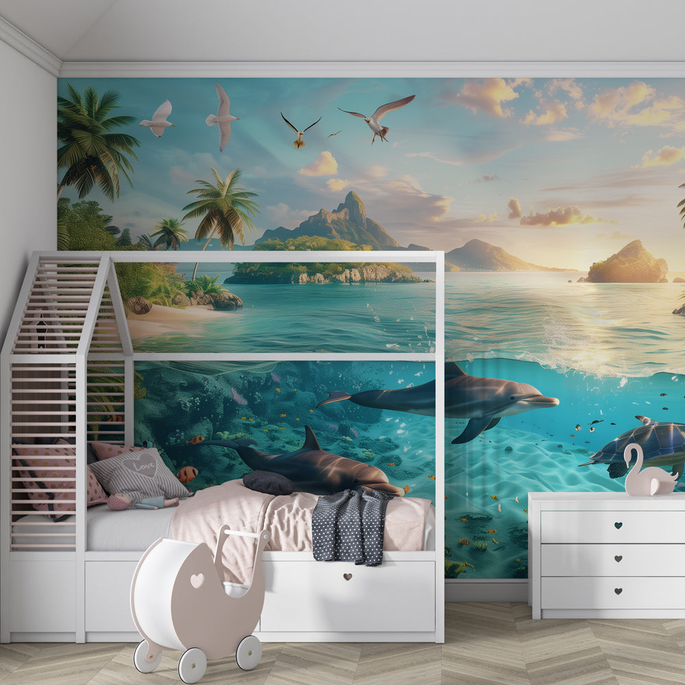 Kids-Mundo tropical ocean mural bringing an underwater island adventure to a playroom.