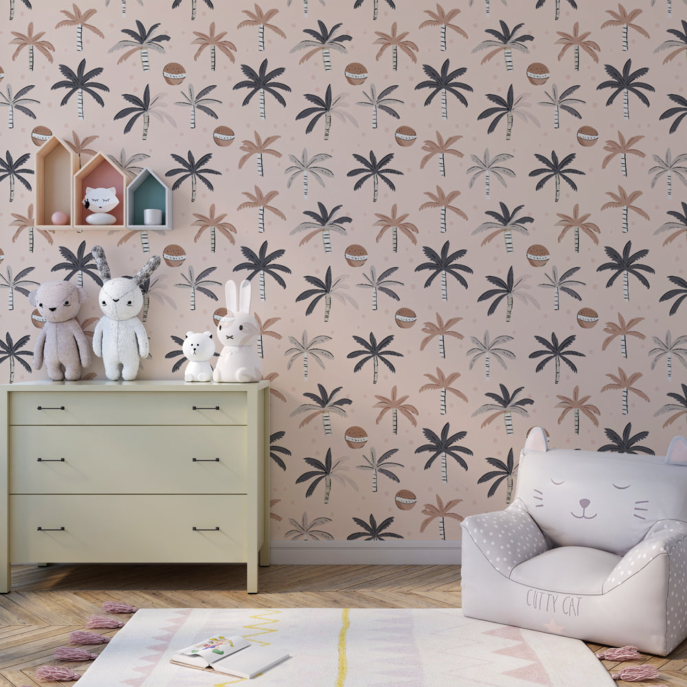 Pastel palm tree wallpaper transforming children's bedroom into peaceful tropical retreat
