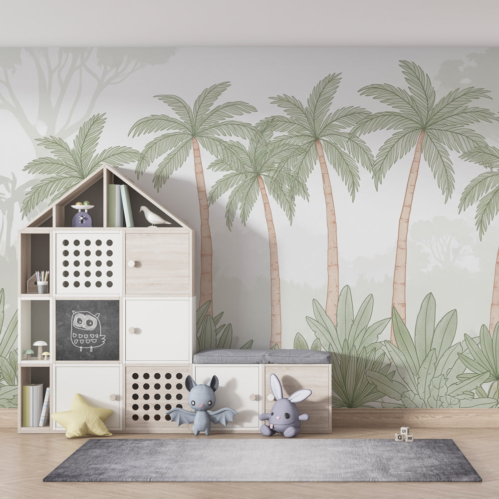 Soft jungle palm wallpaper creating serene baby room atmosphere with beige tones