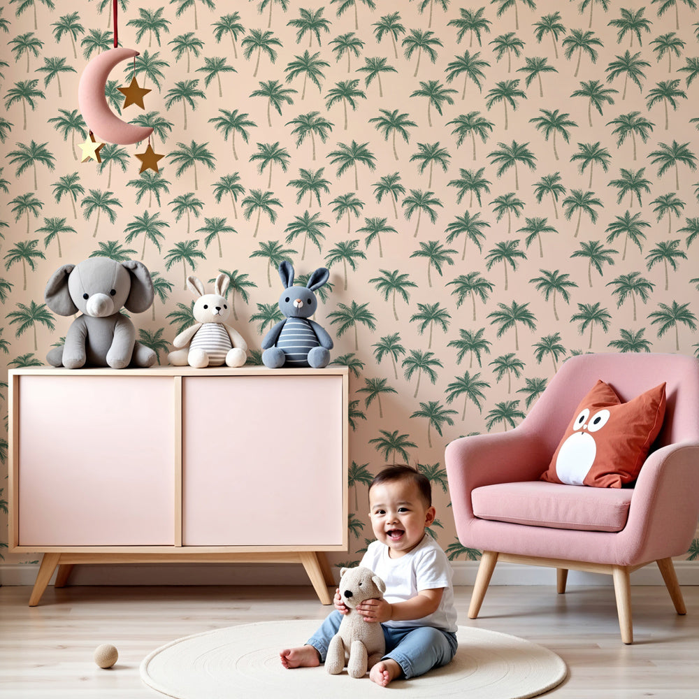 Tropical palm mural wallpaper creating paradise atmosphere in modern nursery by Kids-Mundo