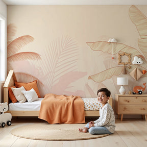 Tropical palm mural wallpaper in pink beige tones decorating serene nursery by Kids-Mundo