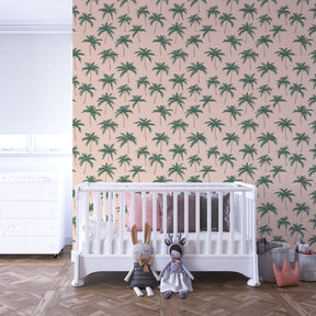 Tropical palm wallpaper transforming kids playroom into exotic paradise retreat