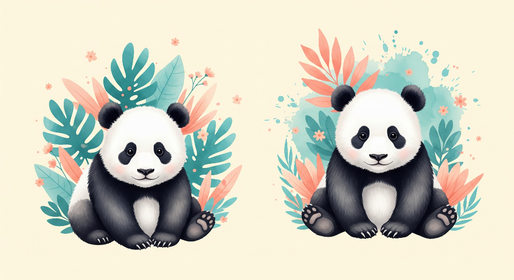 Kids-Mundo panda wall mural artwork showing two pandas surrounded by teal and coral tropical leaves.