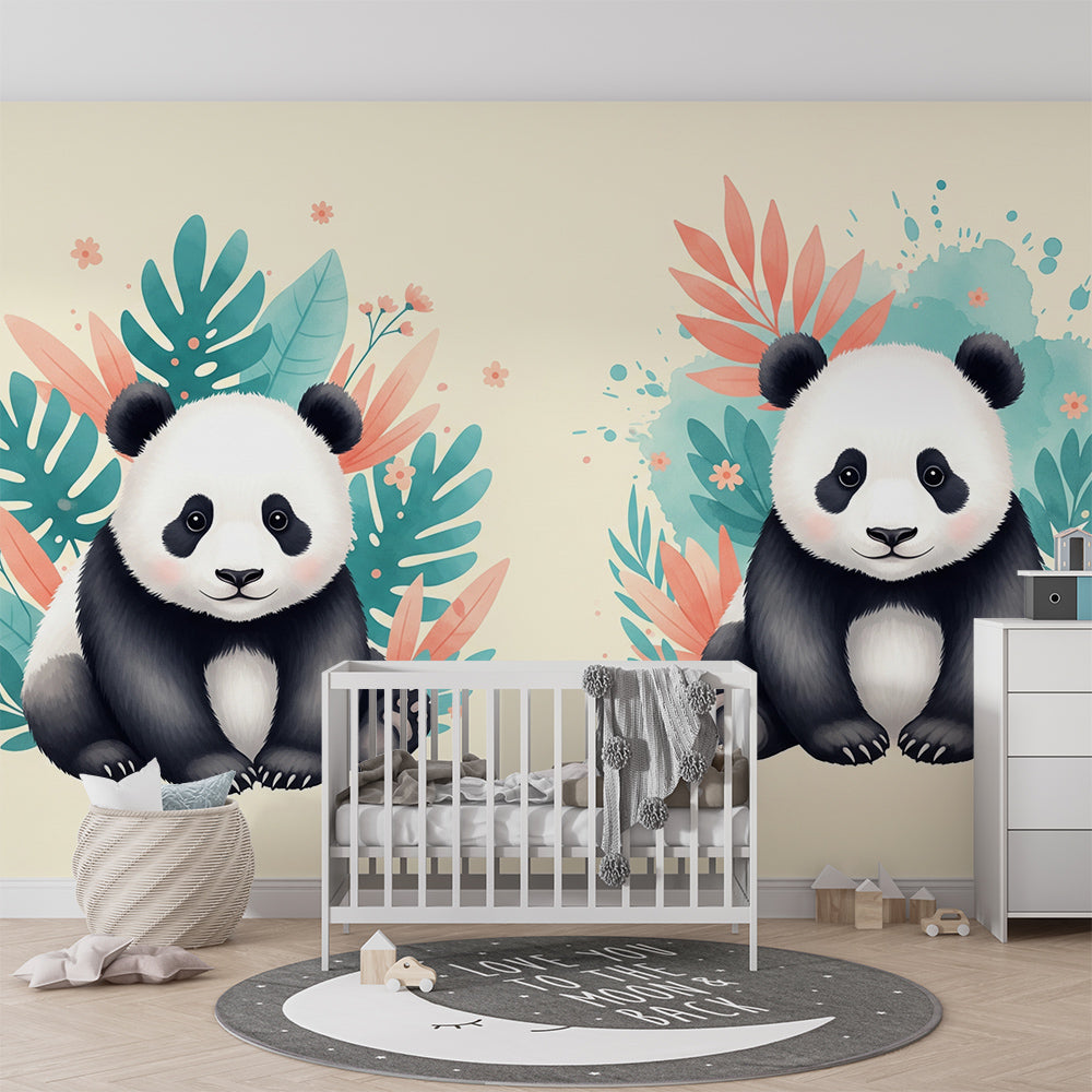 Kids-Mundo panda wall mural brightening a playroom with playful pandas and coral tropical foliage.