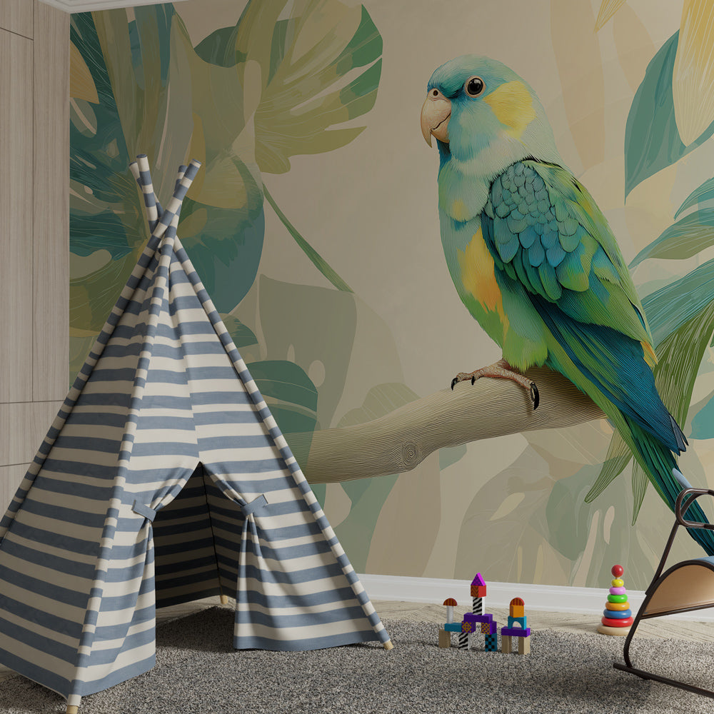 Jungle parrot wallpaper creating adventurous kids bedroom decor with colorful accents