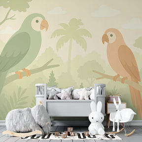 Jungle parrot wallpaper creating tropical safari theme in children's bedroom decor