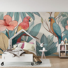 Colorful parrot wallpaper transforming kids bedroom into tropical paradise with lush foliage
