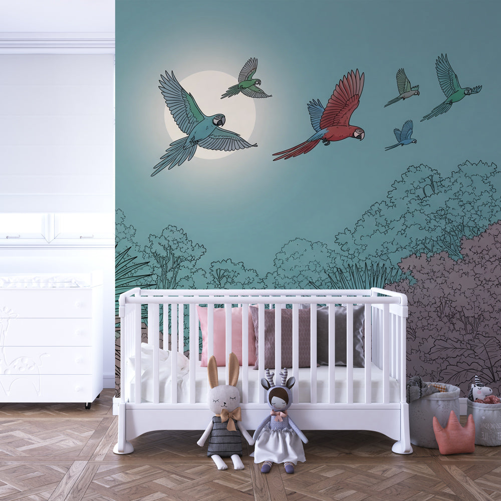 Jungle parrot wallpaper creating magical children's bedroom atmosphere with natural decor