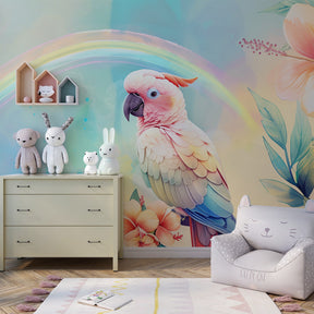 Pastel parrot wallpaper in modern kids bedroom with tropical garden theme by Kids-Mundo