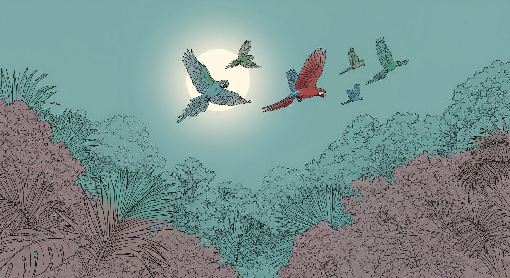 Detailed tropical parrot jungle mural wallpaper design pattern with moonlight by Kids-Mundo