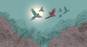 Detailed tropical parrot jungle mural wallpaper design pattern with moonlight by Kids-Mundo