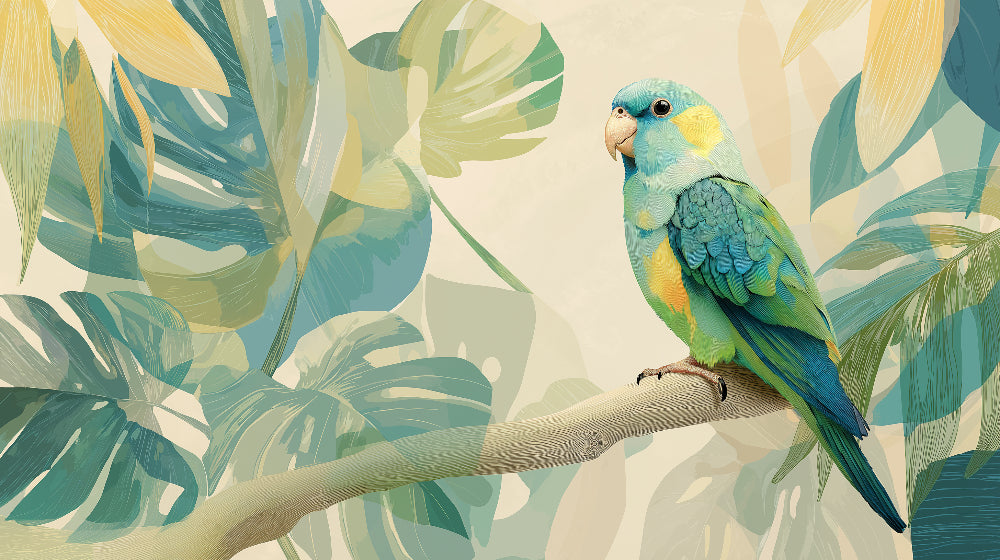 Detailed tropical parrot and jungle foliage mural wallpaper design pattern by Kids-Mundo