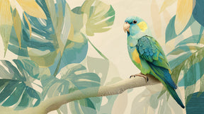 Detailed tropical parrot and jungle foliage mural wallpaper design pattern by Kids-Mundo