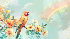 Detailed tropical parrot and rainbow floral mural wallpaper design pattern by Kids-Mundo