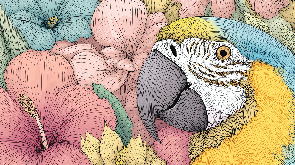 Detailed tropical parrot and flowers mural wallpaper design pattern by Kids-Mundo