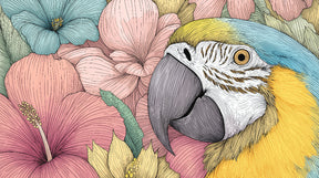 Detailed tropical parrot and flowers mural wallpaper design pattern by Kids-Mundo