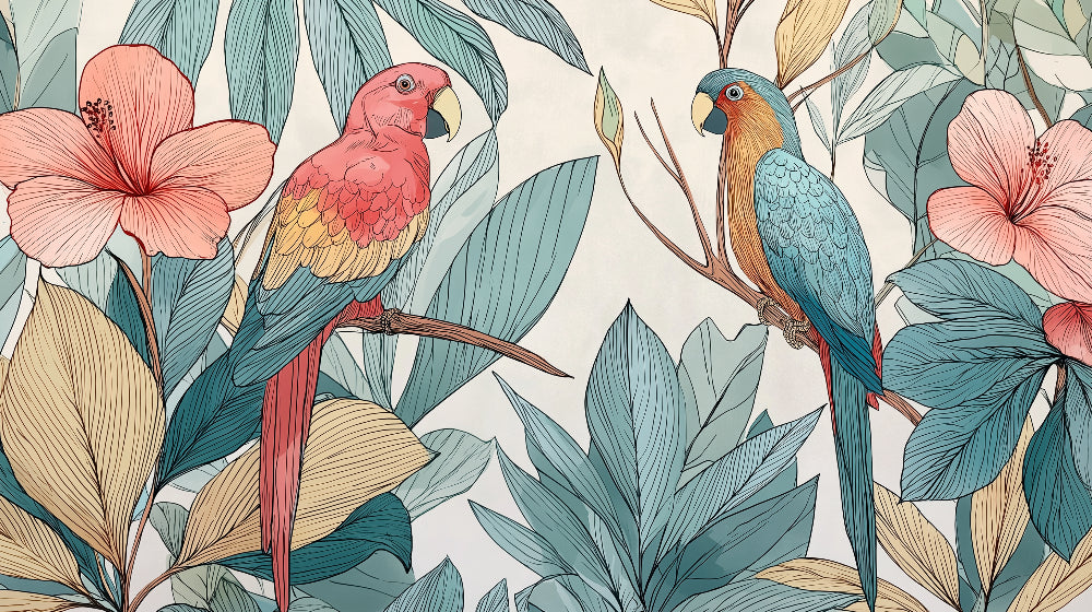 Detailed tropical parrot mural wallpaper design pattern showing colorful birds and flowers by Kids-Mundo