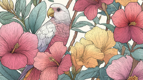 Detailed tropical parrot and hibiscus flowers mural wallpaper design pattern by Kids-Mundo