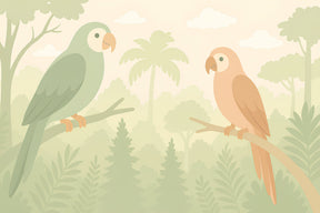 Detailed tropical parrot and jungle foliage mural wallpaper design pattern by Kids-Mundo