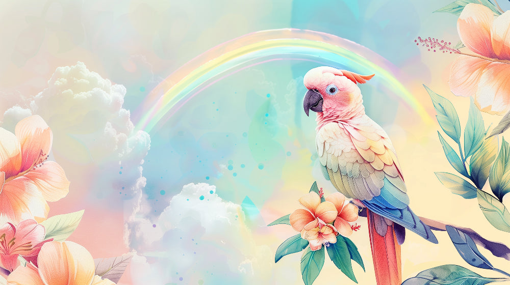 Detailed tropical parrot mural wallpaper design pattern with pastel rainbow garden by Kids-Mundo