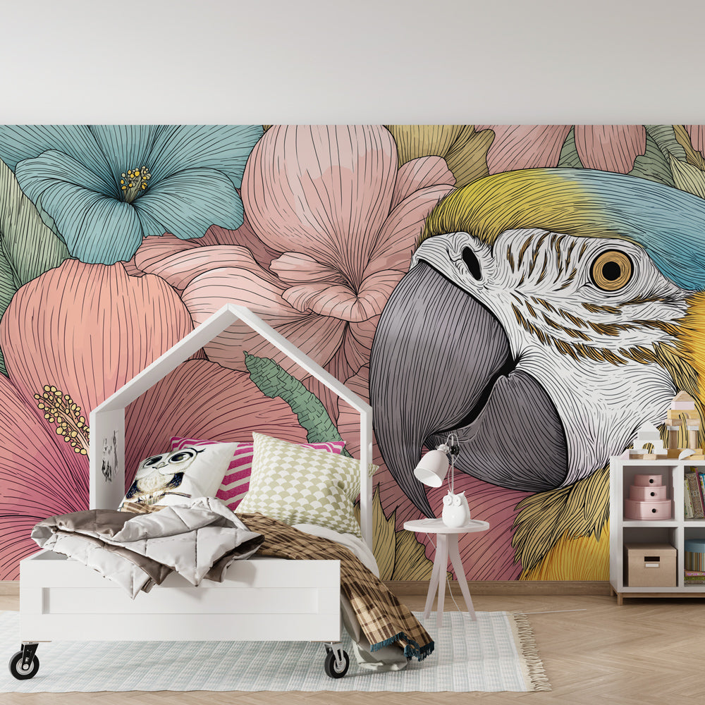 Colorful parrot and flowers mural wallpaper transforming modern children's bedroom space