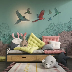 Moonlit jungle mural wallpaper transforming colorful kids playroom by Kids-Mundo