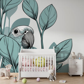 Botanical parrot mural wallpaper for kids room featuring soothing blue and green tropical foliage design