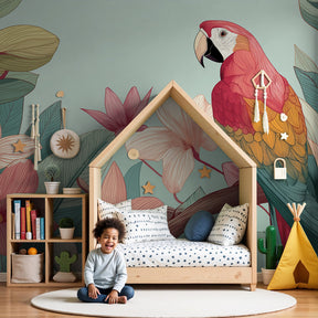 Tropical parrot mural wallpaper creating exotic bird paradise in modern nursery by Kids-Mundo