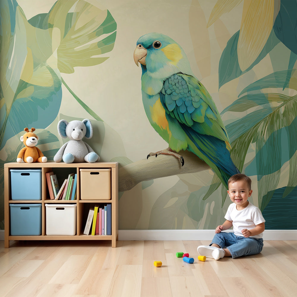 Tropical parrot mural wallpaper in modern nursery with natural wood furniture by Kids-Mundo