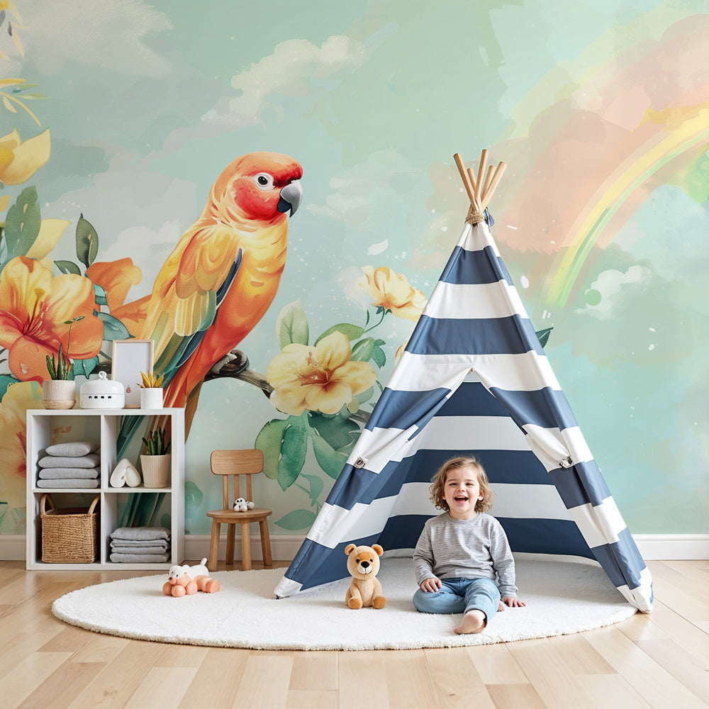 Tropical parrot mural wallpaper with rainbow creating vibrant nursery decor by Kids-Mundo