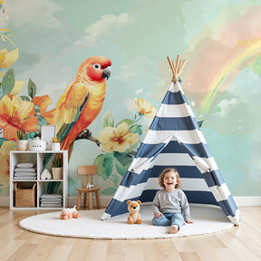 Tropical parrot mural wallpaper with rainbow creating vibrant nursery decor by Kids-Mundo