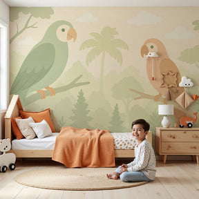 Tropical parrot mural wallpaper in modern nursery with natural wood furniture by Kids-Mundo