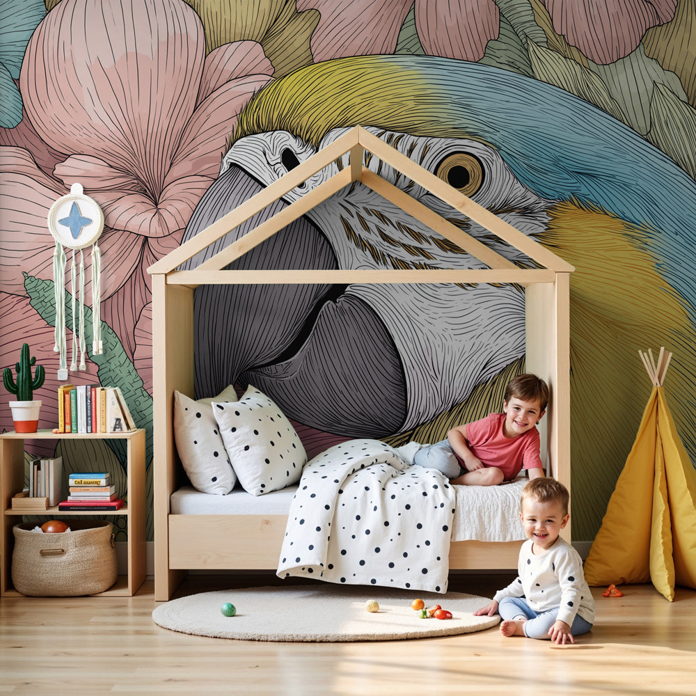Tropical parrot mural wallpaper creating vibrant nursery decor with colorful flowers by Kids-Mundo