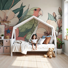 Tropical parrot mural wallpaper with delicate flowers in modern nursery by Kids-Mundo