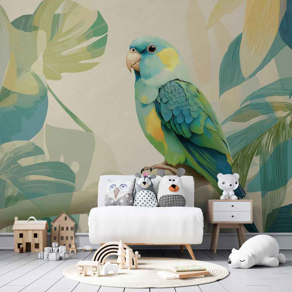 Nature-themed parrot mural wallpaper transforming children's playroom into tropical paradise