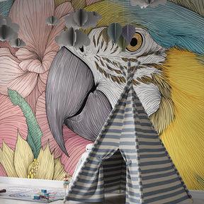 Tropical bird wallpaper creating exotic paradise atmosphere in kids playroom by Kids-Mundo