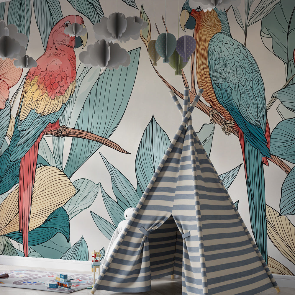 Exotic bird mural wallpaper for children's playroom featuring pink and blue parrots among tropical plants