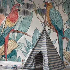 Exotic bird mural wallpaper for children's playroom featuring pink and blue parrots among tropical plants