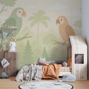 Colorful tropical bird mural wallpaper transforming kids playroom into jungle adventure