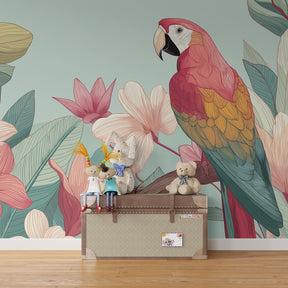 Exotic bird mural wallpaper with pink flowers creating vibrant kids playroom decor