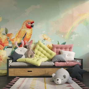 Rainbow parrot mural wallpaper creating magical tropical atmosphere in children's playroom