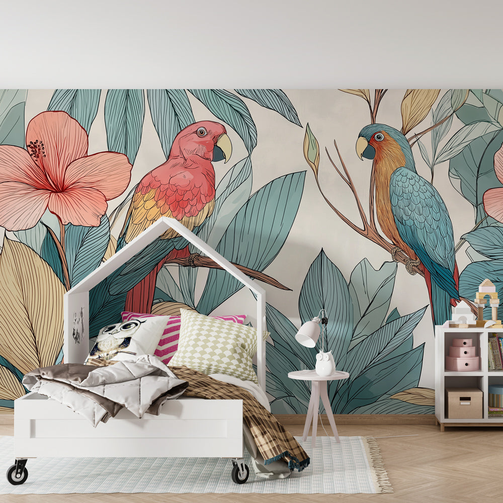 Kids-Mundo colourful parrot and hibiscus wall mural on a feature wall in a kids bedroom