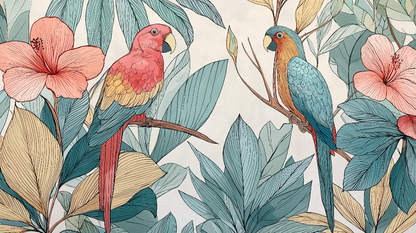 Kids-Mundo flat artwork of two colourful parrots among hibiscus flowers and green leaves