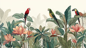 Detailed tropical birds mural wallpaper design pattern with parrots and exotic foliage by Kids-Mundo